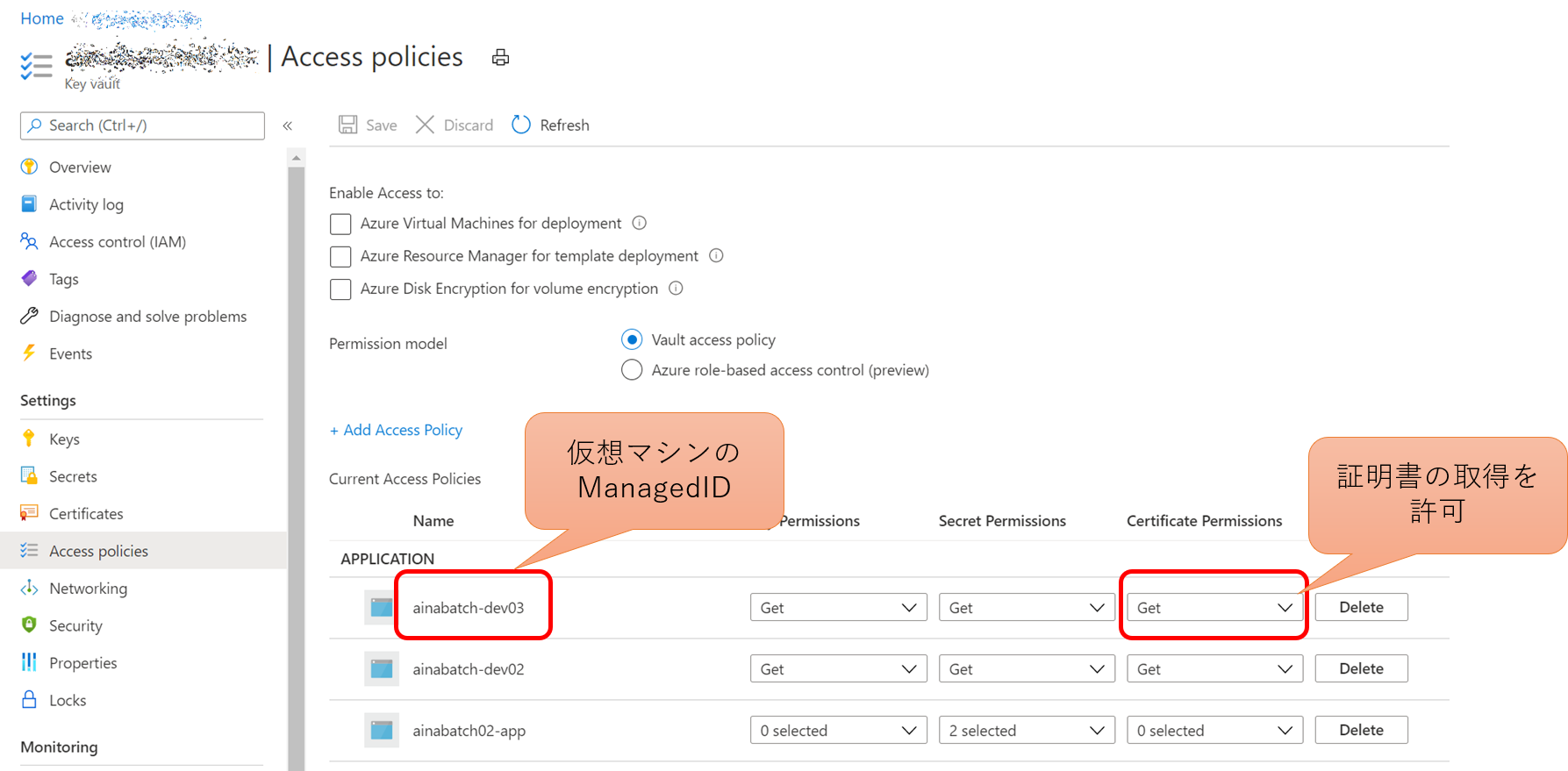 allow vm to access key vault certificates